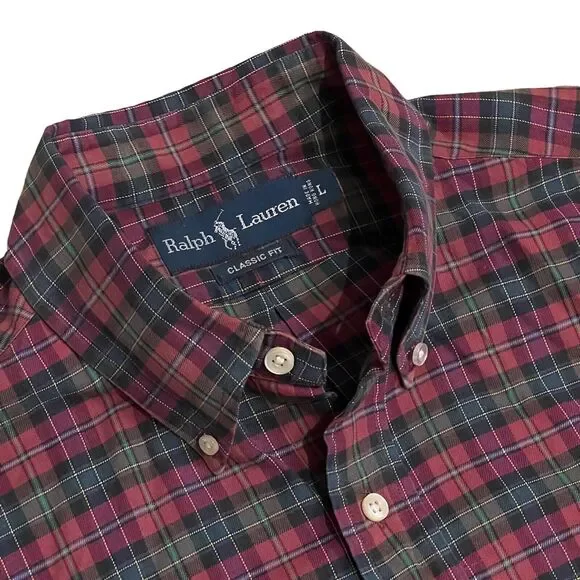 Ralph Lauren Shirt Mens L Red Plaid Button Down Green Holiday Cotton Festive - Picture 1 of 10